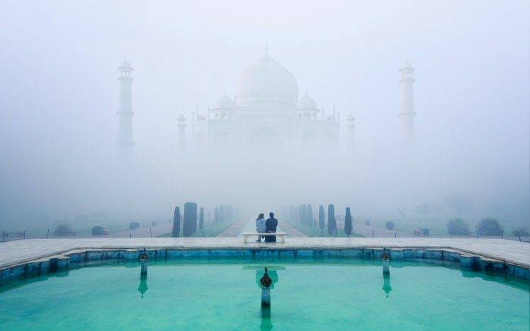 landscape, Nature, Mist, Taj Mahal, Garden, India, Temple, Pond, Bench, Water, Calm, Reflection, Architecture HD Wallpaper Desktop Background