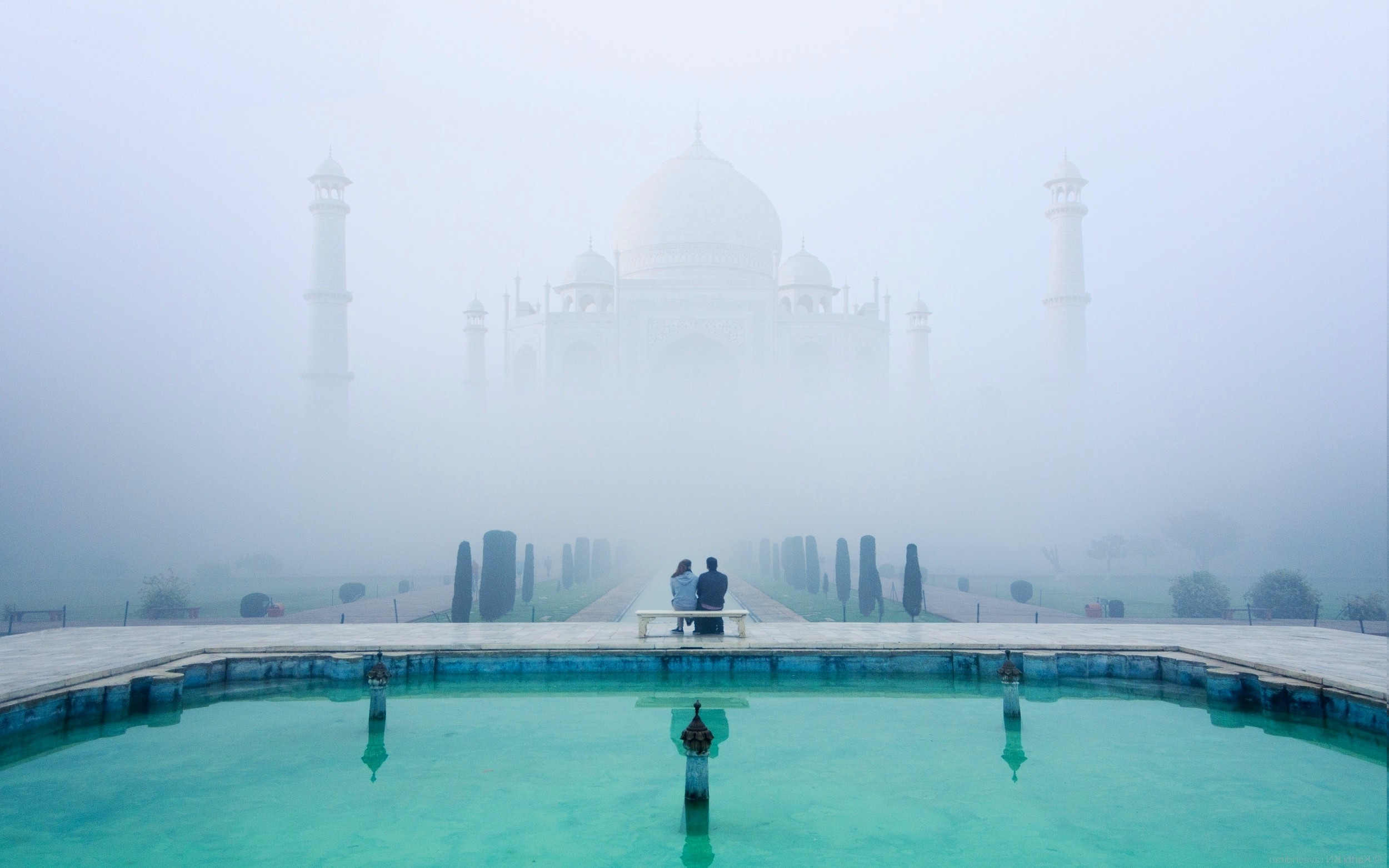 landscape, Nature, Mist, Taj Mahal, Garden, India, Temple, Pond, Bench, Water, Calm, Reflection, Architecture Wallpaper