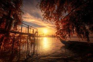 nature, Landscape, Fall, Lake, Trees, Sunset, Boat, Dock, Clouds, Portugal, Water