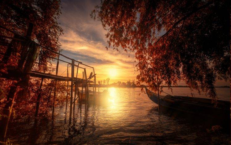 nature, Landscape, Fall, Lake, Trees, Sunset, Boat, Dock, Clouds, Portugal, Water HD Wallpaper Desktop Background