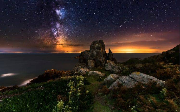 Nature Landscape Wildflowers Rock Sea Coast France Milky Way