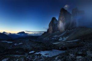nature, Landscape, Blue, Mountain, Moon, Mist, Sunrise, Dolomites (mountains), Italy, Clouds