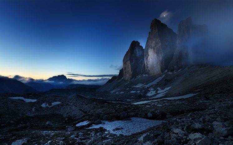 nature, Landscape, Blue, Mountain, Moon, Mist, Sunrise, Dolomites (mountains), Italy, Clouds HD Wallpaper Desktop Background