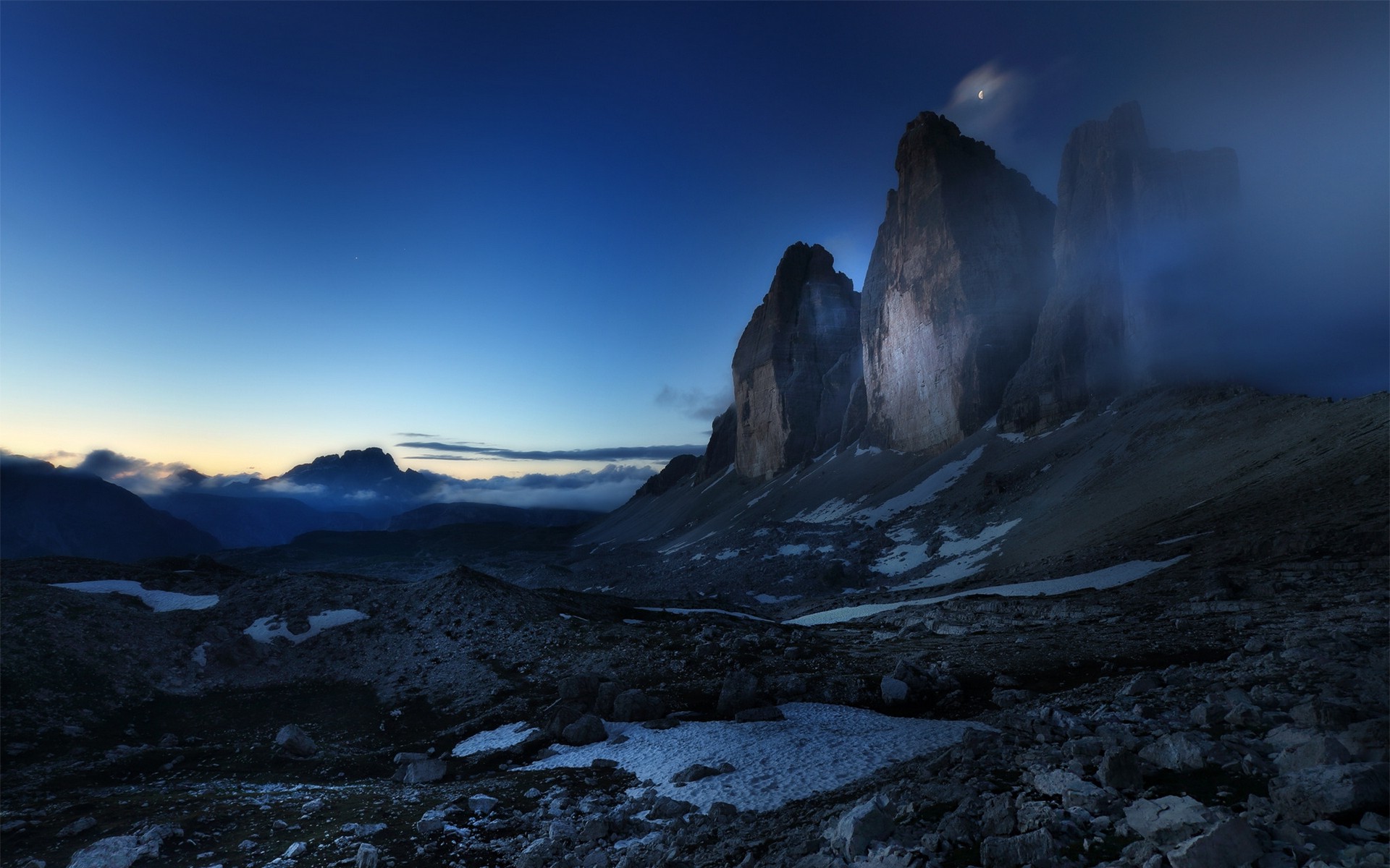 nature, Landscape, Blue, Mountain, Moon, Mist, Sunrise, Dolomites (mountains), Italy, Clouds Wallpaper