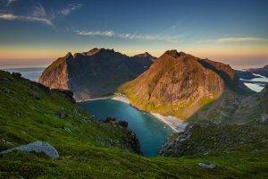 nature, Rock, Mountain, Bay, Sky, Sea, Coast, Shadow, Sunset, Landscape, Norway