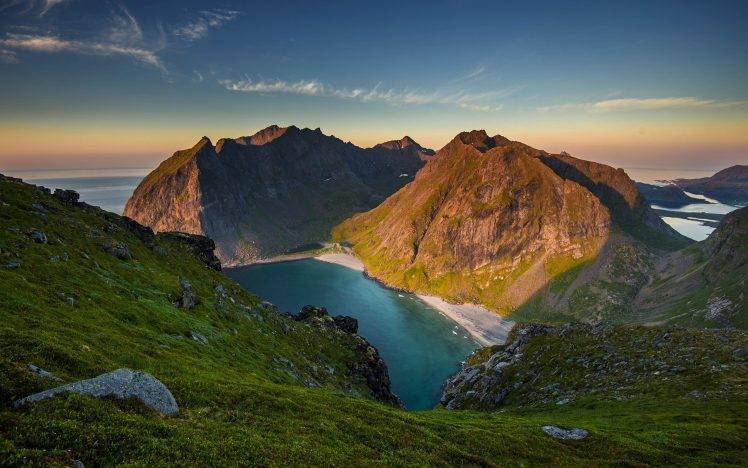 nature, Rock, Mountain, Bay, Sky, Sea, Coast, Shadow, Sunset, Landscape, Norway HD Wallpaper Desktop Background