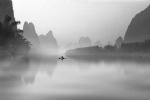 nature, Landscape, Mist, River, Fisherman, Mountain, Palm Trees, Monochrome, China, Morning