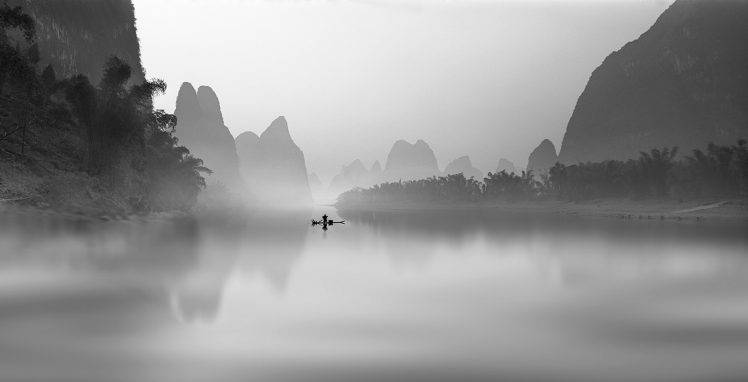 nature, Landscape, Mist, River, Fisherman, Mountain, Palm Trees, Monochrome, China, Morning HD Wallpaper Desktop Background