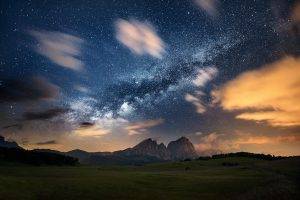 nature, Landscape, Milky Way, Mountain, Galaxy, Clouds, Stars, Evening, Long Exposure, Grass