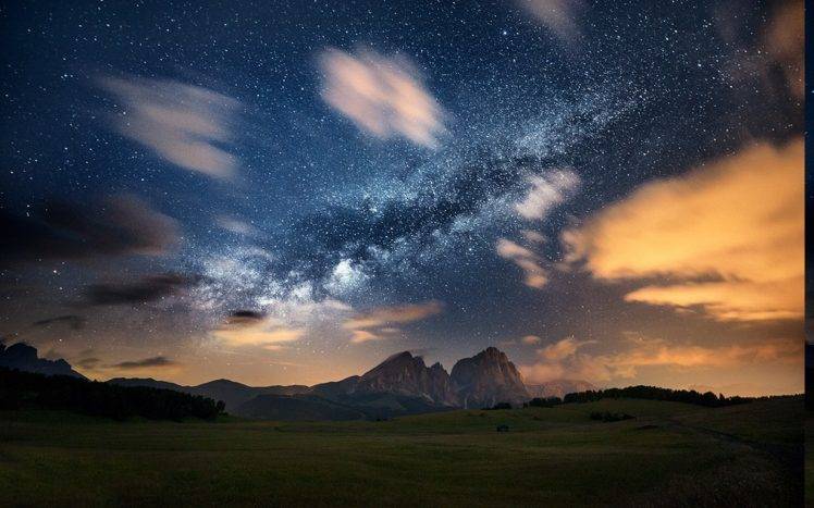 nature, Landscape, Milky Way, Mountain, Galaxy, Clouds, Stars, Evening, Long Exposure, Grass HD Wallpaper Desktop Background