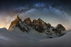 nature, Landscape, Milky Way, Snow, Mountain, Snowy Peak, Starry Night, Skiers, Spotlights, Long Exposure, Galaxy