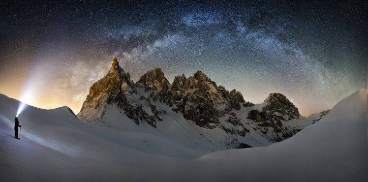 nature, Landscape, Milky Way, Snow, Mountain, Snowy Peak, Starry Night, Skiers, Spotlights, Long Exposure, Galaxy HD Wallpaper Desktop Background