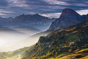 nature, Landscape, Sunrise, Mist, Mountain, Sky, Clouds, Fall, Forest, Grass, Alps, Trees