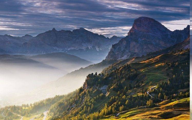 nature, Landscape, Sunrise, Mist, Mountain, Sky, Clouds, Fall, Forest, Grass, Alps, Trees HD Wallpaper Desktop Background