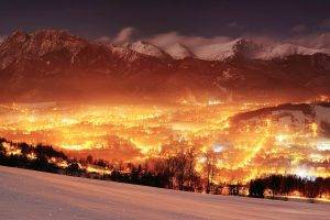 Poland, Landscape, Mountain, Valley, Lights, Glowing, Winter, Multiple Display, Night