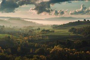 nature, Landscape, Mist, Sunrise, Fall, Mountain, Hill, Trees, Tuscany, Italy, Clouds