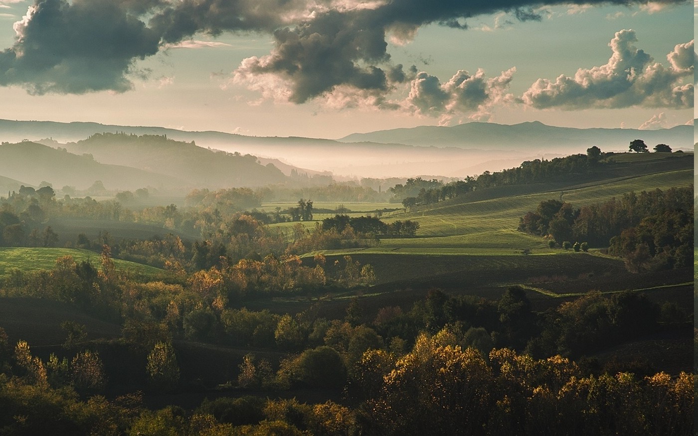 nature, Landscape, Mist, Sunrise, Fall, Mountain, Hill, Trees, Tuscany, Italy, Clouds Wallpaper
