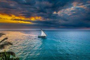 sunset, Sea, Sky, Sailing Ships, Nature, Landscape, Water, Tropical, Clouds, Africa