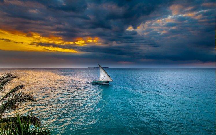 sunset, Sea, Sky, Sailing Ships, Nature, Landscape, Water, Tropical, Clouds, Africa HD Wallpaper Desktop Background