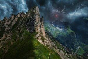mountain, Lightning, Nature, Landscape, Clouds, Storm, Path, Electricity, Grass, Summer, Mist