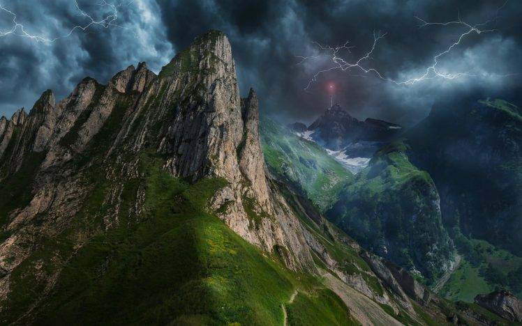 mountain, Lightning, Nature, Landscape, Clouds, Storm, Path, Electricity, Grass, Summer, Mist HD Wallpaper Desktop Background