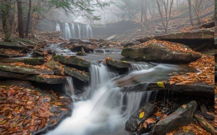 morning, Mist, Waterfall, Leaves, Forest, Pennsylvania, Nature, Landscape, Fall, River, Trees HD Wallpaper Desktop Background