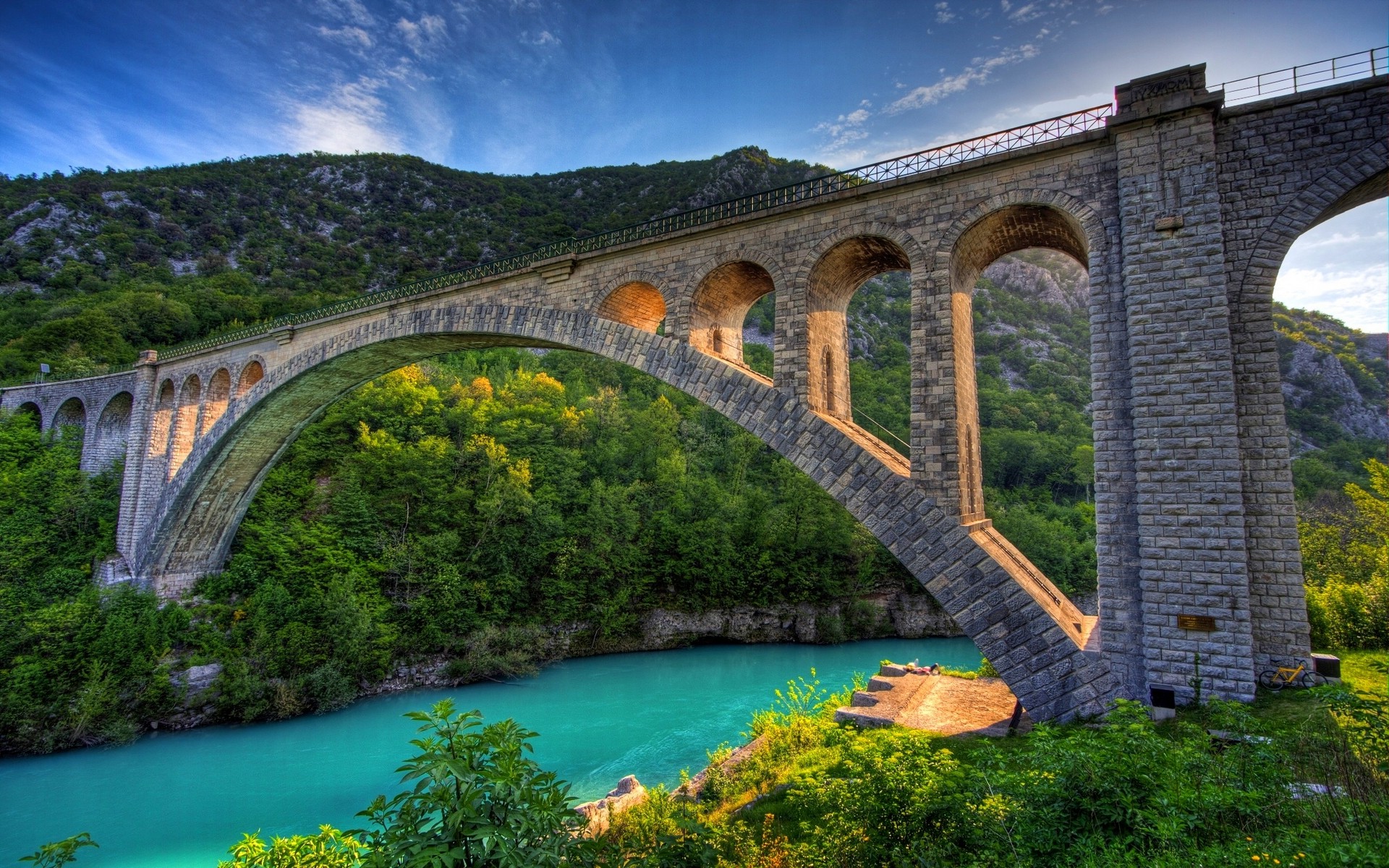 nature, Landscape, Bridge, Architecture, River, Mountain, Forest, Turquoise, Water, Green, Morning, Trees, Shrubs, HDR Wallpaper