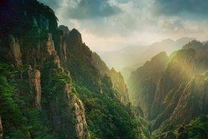 nature, Landscape, Sunrise, Mountain, Mist, Forest, Sun Rays, China, Canyon, Clouds