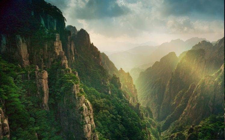 nature, Landscape, Sunrise, Mountain, Mist, Forest, Sun Rays, China, Canyon, Clouds HD Wallpaper Desktop Background