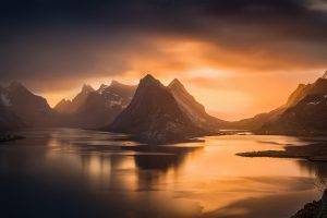 nature, Landscape, Fjord, Sunset, Mountain, Island, Norway, Sky, Sea, Mist, Sunlight, Water, Lofoten