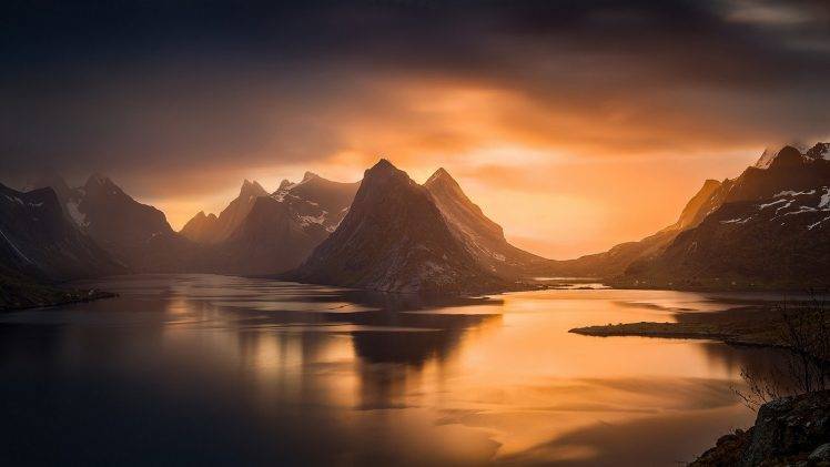 nature, Landscape, Fjord, Sunset, Mountain, Island, Norway, Sky, Sea, Mist, Sunlight, Water, Lofoten HD Wallpaper Desktop Background