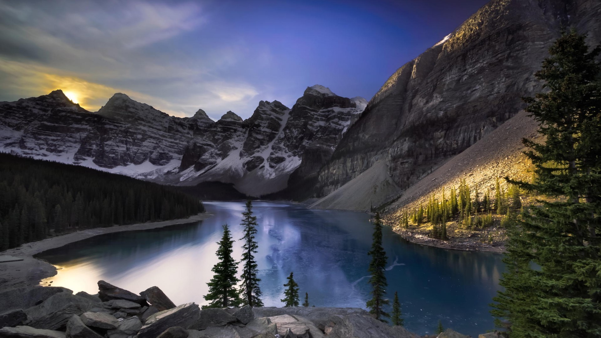 nature, Landscape, Mountain, Canada, Alberta, Snow, Winter, Trees, Forest, Water, Lake, Sun, Clouds, Pine Trees, Rock, Ice, Sunrise, Hill, Reflection, Frozen Lake Wallpaper