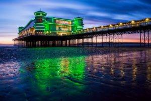 nature, Landscape, Architecture, Water, Lights, Reflection, England, UK, Sea, Pier, Sunset, Hill, Coast, Sand, Beach, Evening, Clouds, Long Exposure, Building