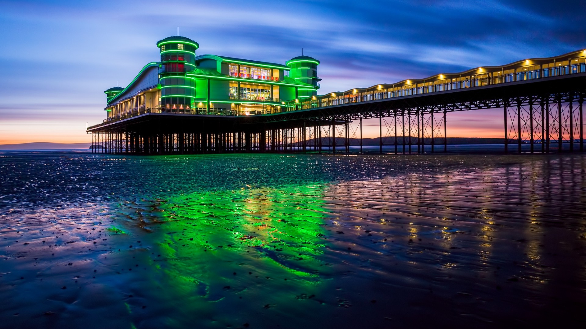 nature, Landscape, Architecture, Water, Lights, Reflection, England, UK, Sea, Pier, Sunset, Hill, Coast, Sand, Beach, Evening, Clouds, Long Exposure, Building Wallpaper