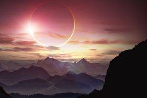 eclipse, Solar Eclipse, Artwork, Fantasy Art, Mountain, Landscape, Sun, Lights