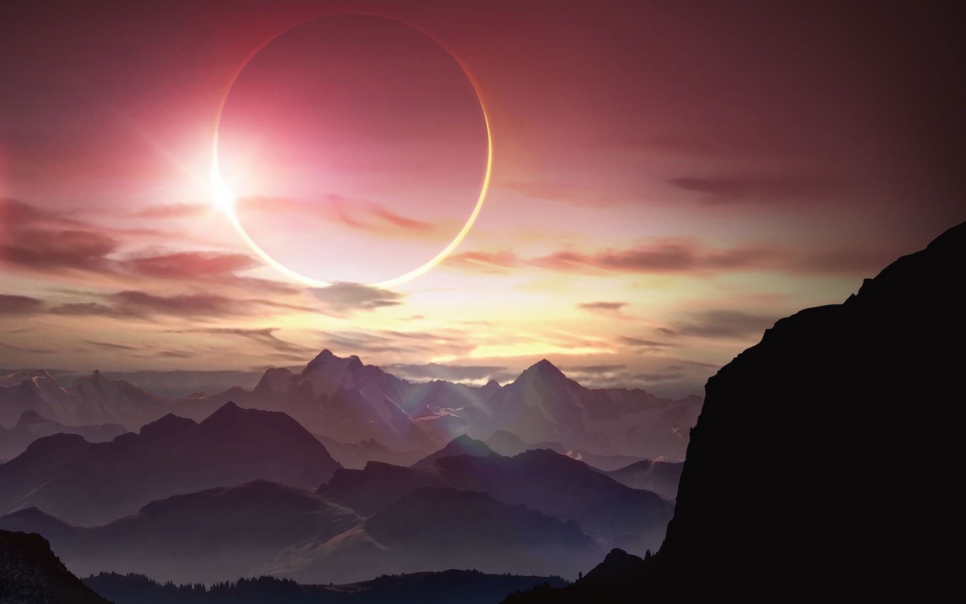 eclipse, Solar Eclipse, Artwork, Fantasy Art, Mountain, Landscape, Sun, Lights Wallpaper