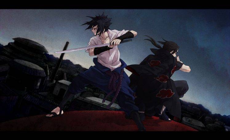 Naruto Shippuuden, Uchiha Sasuke, Uchiha Itachi, Sword, Akatsuki, Konoha, Anime, Anime Boys, Brothers HD Wallpaper Desktop Background