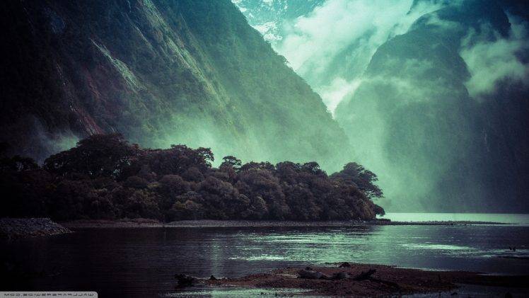 landscape, Mountain, Cliff, Lake, Trees, Mist HD Wallpaper Desktop Background