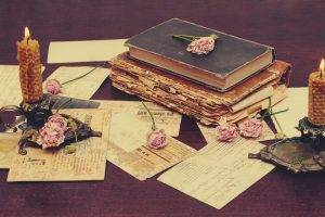 books, Candles, Rose, Paper, Table, Vintage, Old