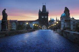 landscape, City, Prague, Sunrise, Lantern, Tower, Building, Architecture, Cobblestone, Statue, People, Blue, Urban
