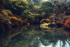 nature, Landscape, Japanese, Garden, Trees, Shrubs, Bridge, Pond, Reflection, Colorful, Water