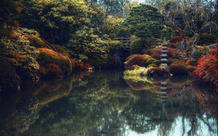 nature, Landscape, Japanese, Garden, Trees, Shrubs, Bridge, Pond, Reflection, Colorful, Water HD Wallpaper Desktop Background