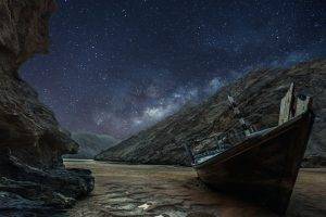 nature, Landscape, Starry Night, Boat, Milky Way, Puddle, Sand, Rock, Long Exposure