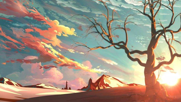 artwork, Landscape, Sky, Mountain, Nature, Trees, Snow, Clouds, Sunset, Digital Art HD Wallpaper Desktop Background