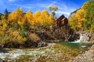 fall, Nature, Mill, River, Forest, Landscape, Colorado, Trees, Yellow, Blue, Shrubs, Mountain