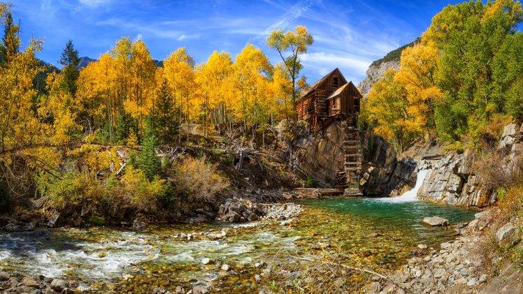 fall, Nature, Mill, River, Forest, Landscape, Colorado, Trees, Yellow, Blue, Shrubs, Mountain HD Wallpaper Desktop Background