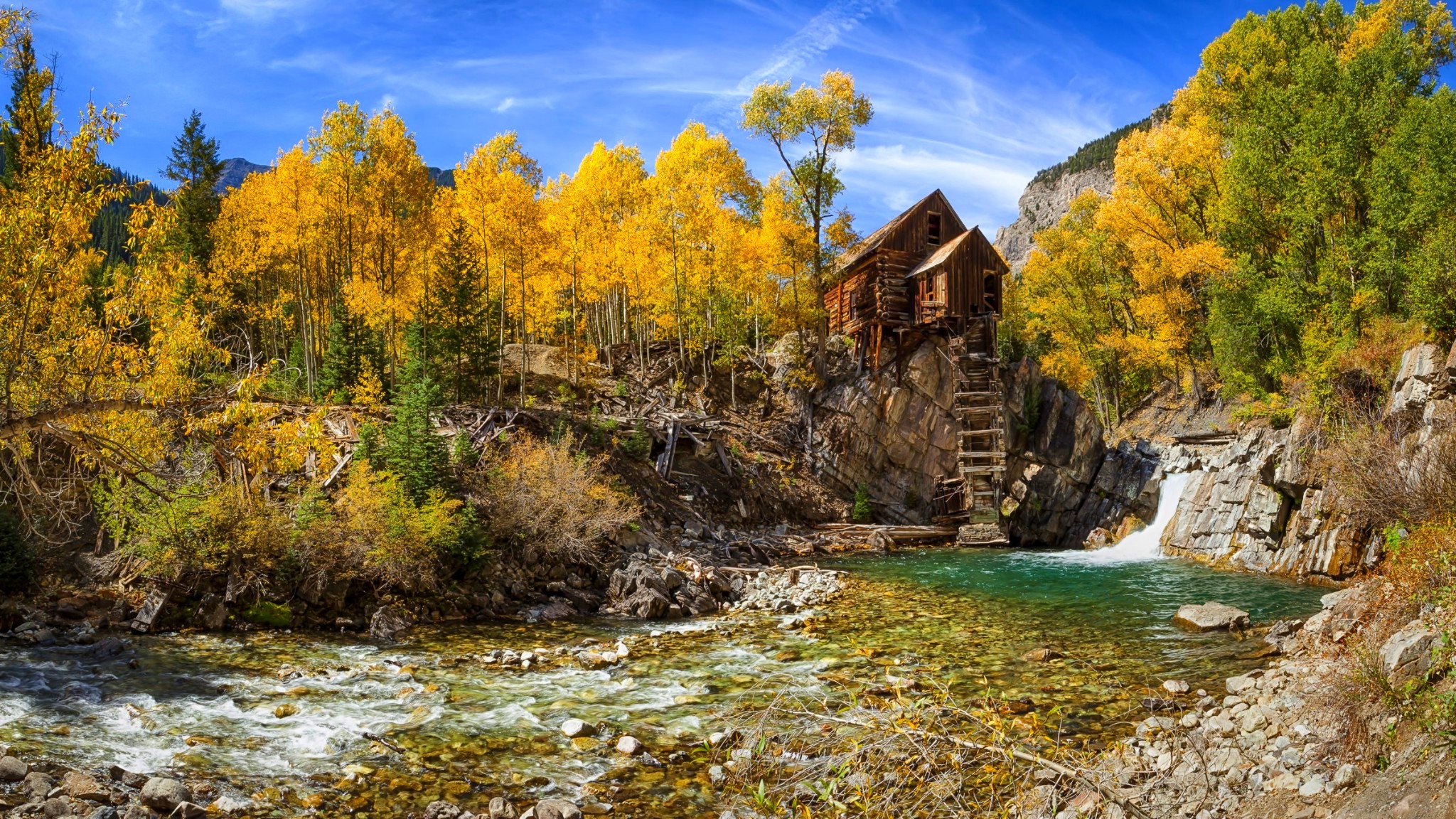 fall, Nature, Mill, River, Forest, Landscape, Colorado, Trees, Yellow, Blue, Shrubs, Mountain Wallpaper