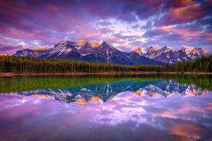 sunrise, Lake, Mountain, Forest, Nature, Landscape, Canada, Snowy Peak, Clouds, Reflection, Water, Calm