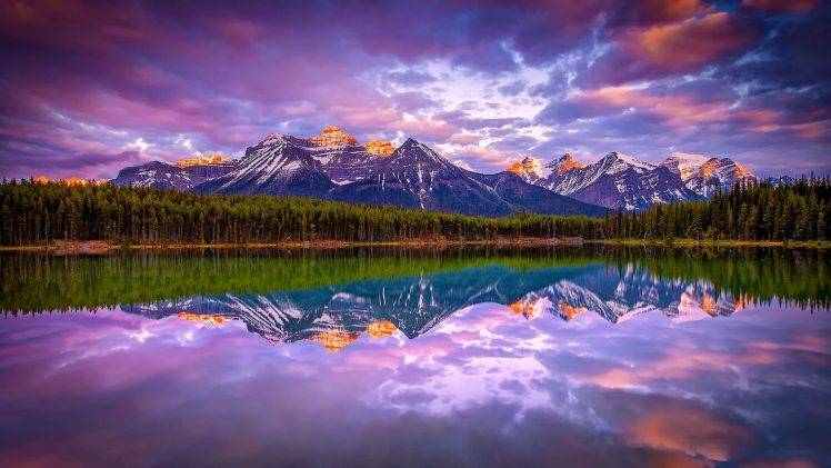 sunrise, Lake, Mountain, Forest, Nature, Landscape, Canada, Snowy Peak, Clouds, Reflection, Water, Calm HD Wallpaper Desktop Background