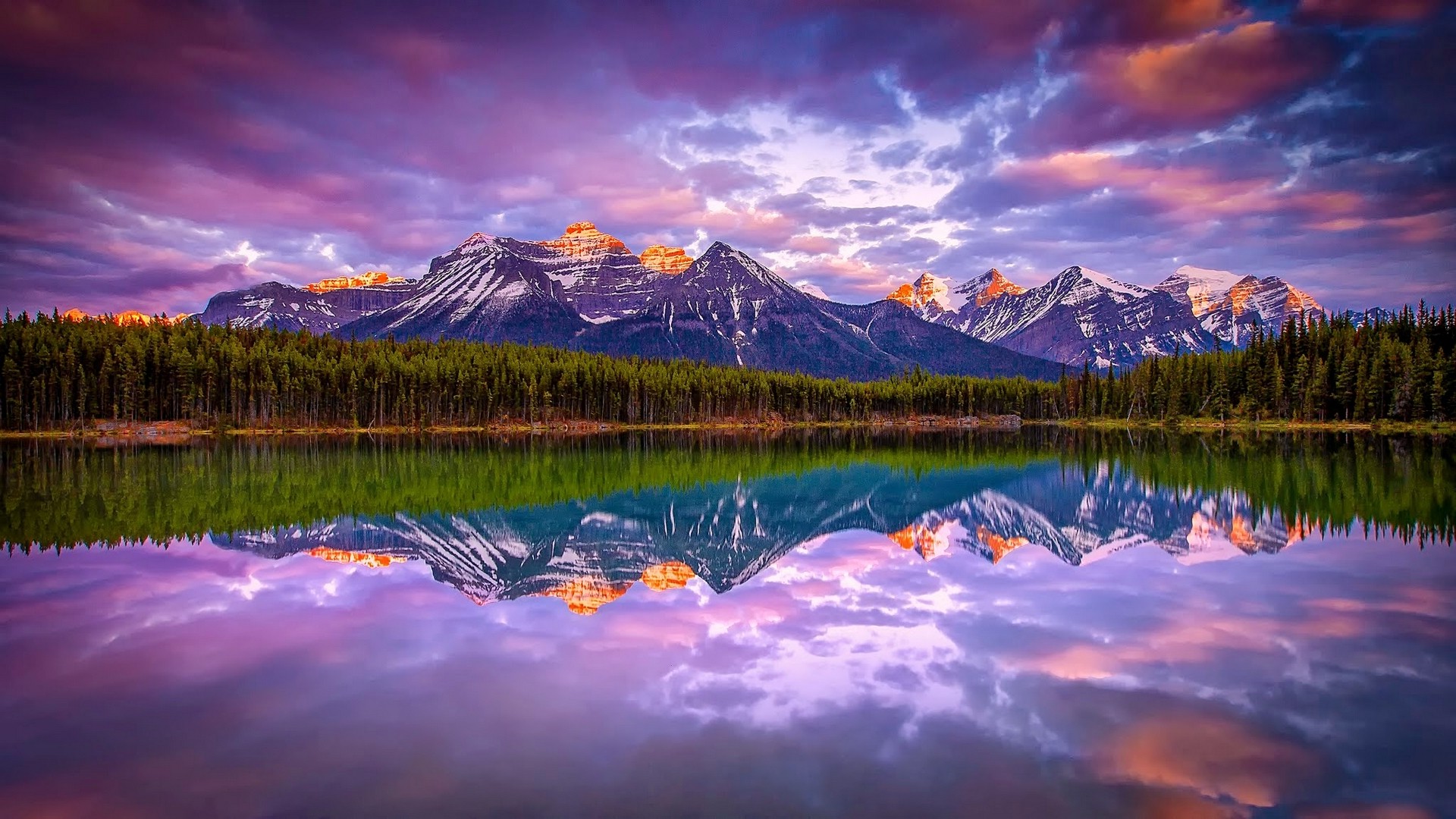 sunrise, Lake, Mountain, Forest, Nature, Landscape, Canada, Snowy Peak, Clouds, Reflection, Water, Calm Wallpaper